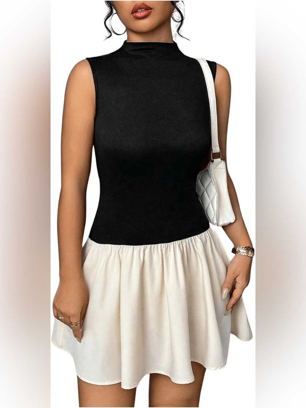 Black and Cream Colorblock Mock Neck Sleeveless Drop Waist Mini Dress Small - Picture 5 of 8